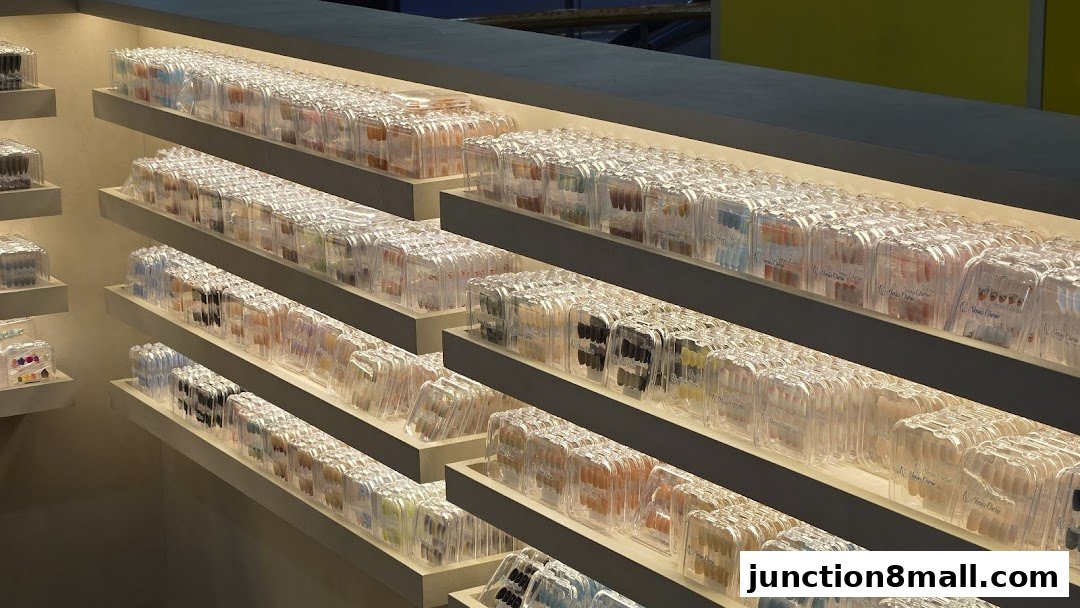 Shelves displaying numerous packaged sets of artificial nails in various colors and styles.