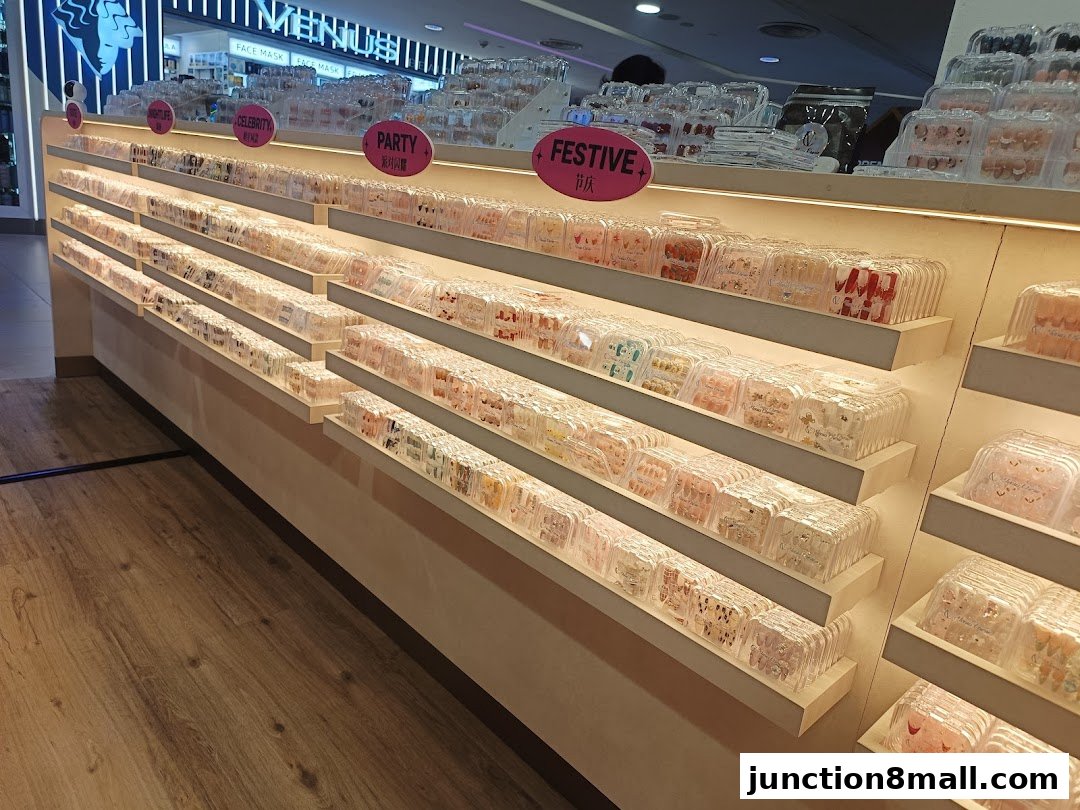 A well-lit display of various nail art products organized on shelves.