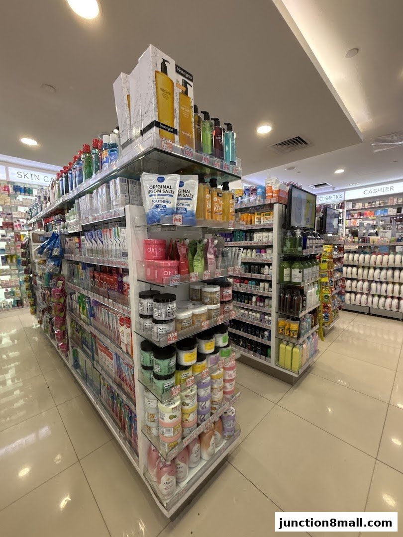 A well-stocked beauty store with shelves full of skincare and cosmetic products.