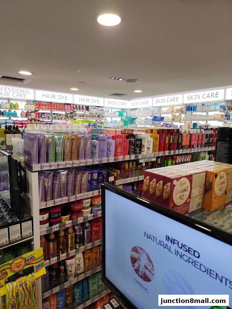 A well-stocked beauty store with shelves full of hair care, skin care, and hair dye products.