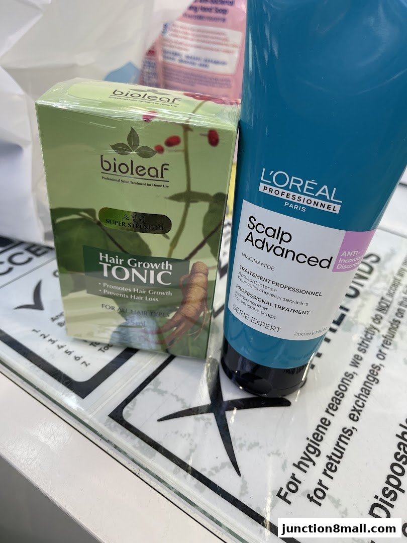 A Bioleaf Hair Growth Tonic and L'Oréal Scalp Advanced product are displayed.
