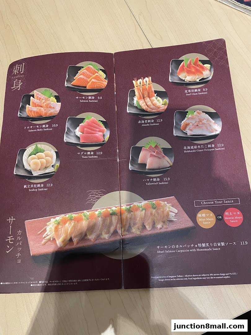 A menu from Watami Japanese Dining featuring various sashimi dishes and a salmon carpaccio.