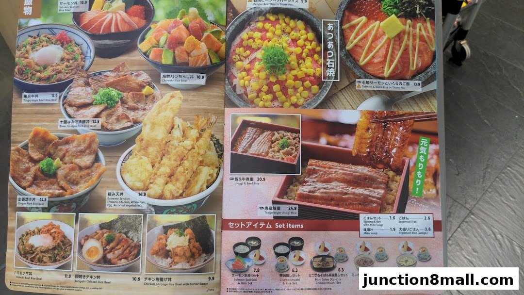 A menu featuring various Japanese rice bowls, set meals, and side dishes with appetizing food photography.