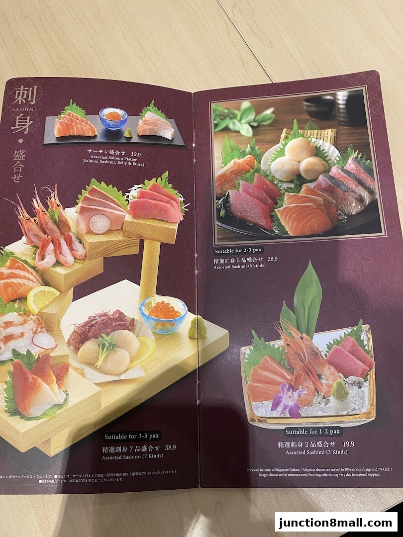 A menu showcasing various sashimi platters with prices and descriptions.