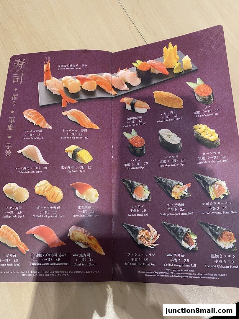 A menu showcasing various types of sushi and hand rolls with prices and descriptions.
