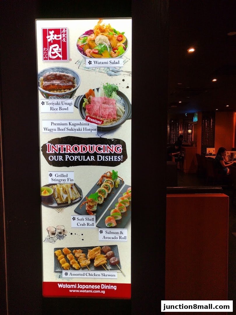 A vertical display board showcasing popular Japanese dishes from Watami.