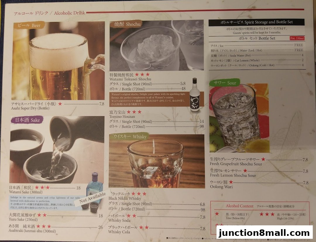 A menu page from Watami Japanese Dining featuring alcoholic drinks like beer, shochu, sake, and whisky.