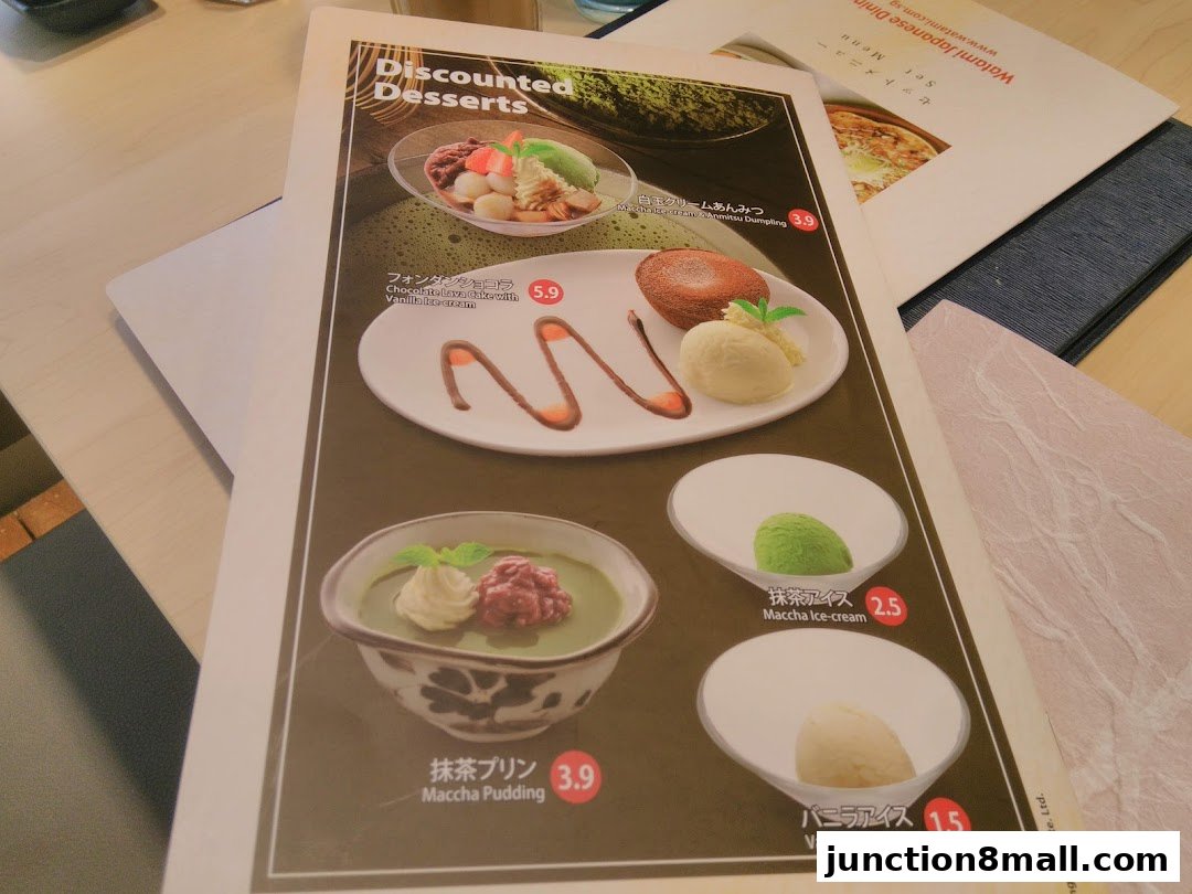 A menu featuring discounted Japanese desserts with enticing images and prices.