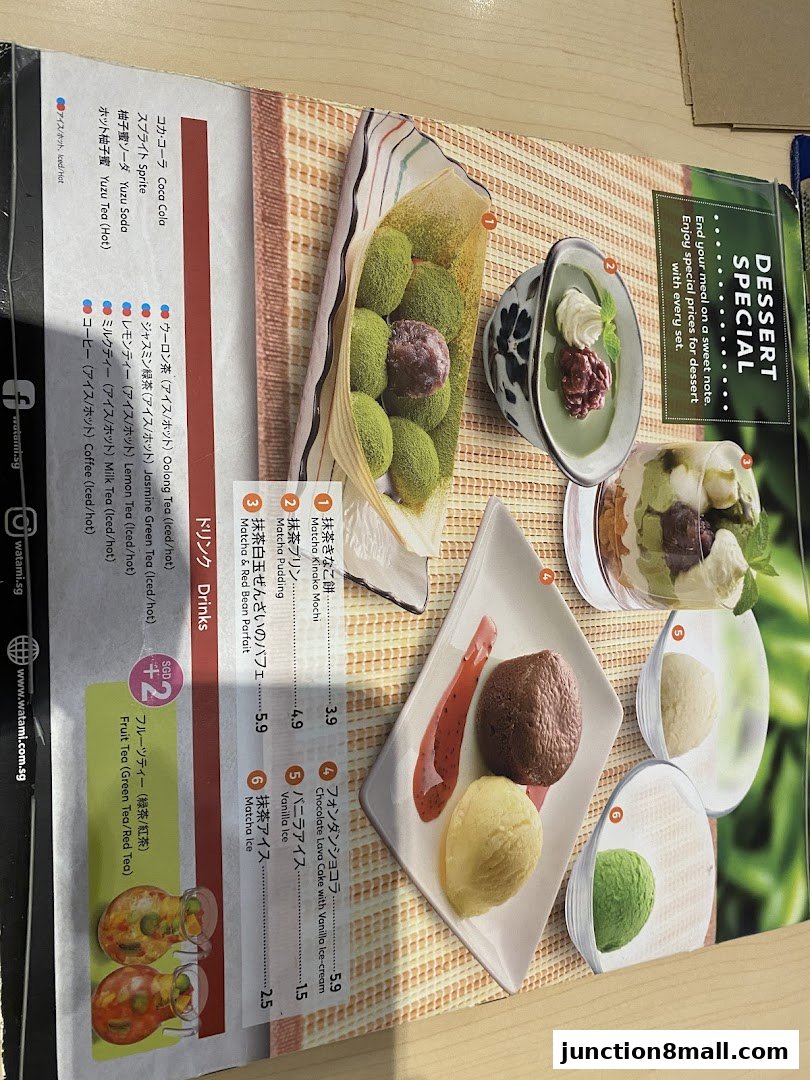 A menu featuring Japanese desserts and drinks with appealing visuals.