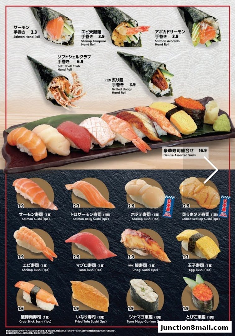 A colorful menu showcasing various sushi and hand roll options with prices.