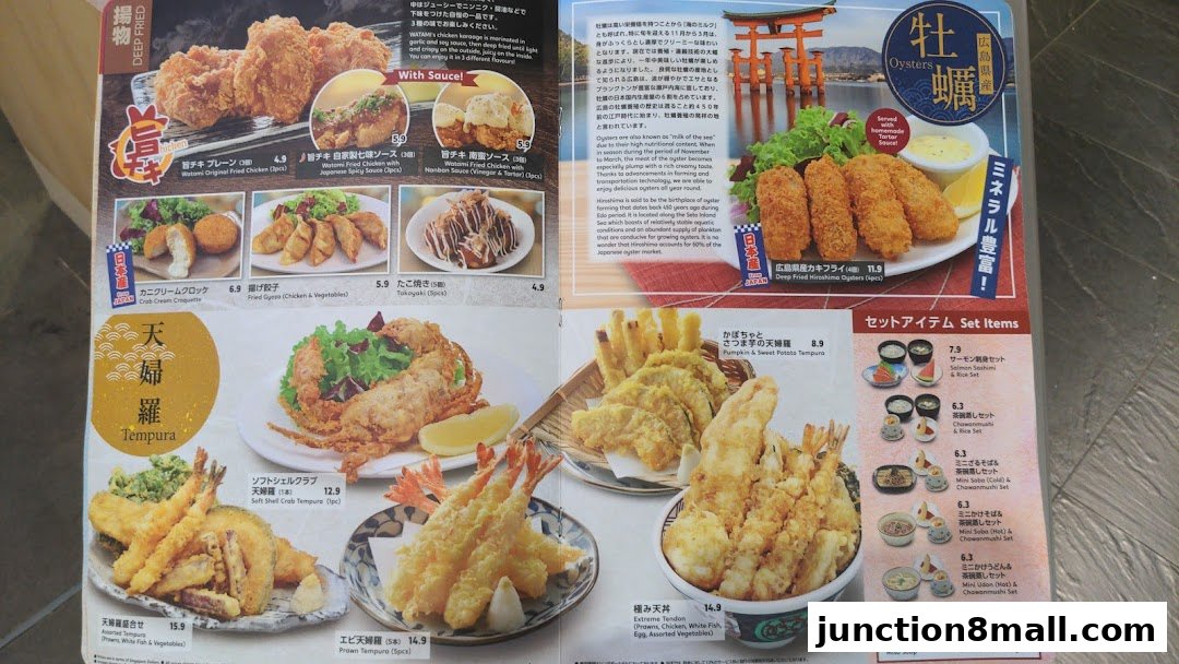 A menu from Watami Japanese Dining featuring various fried dishes, tempura, and set meals.