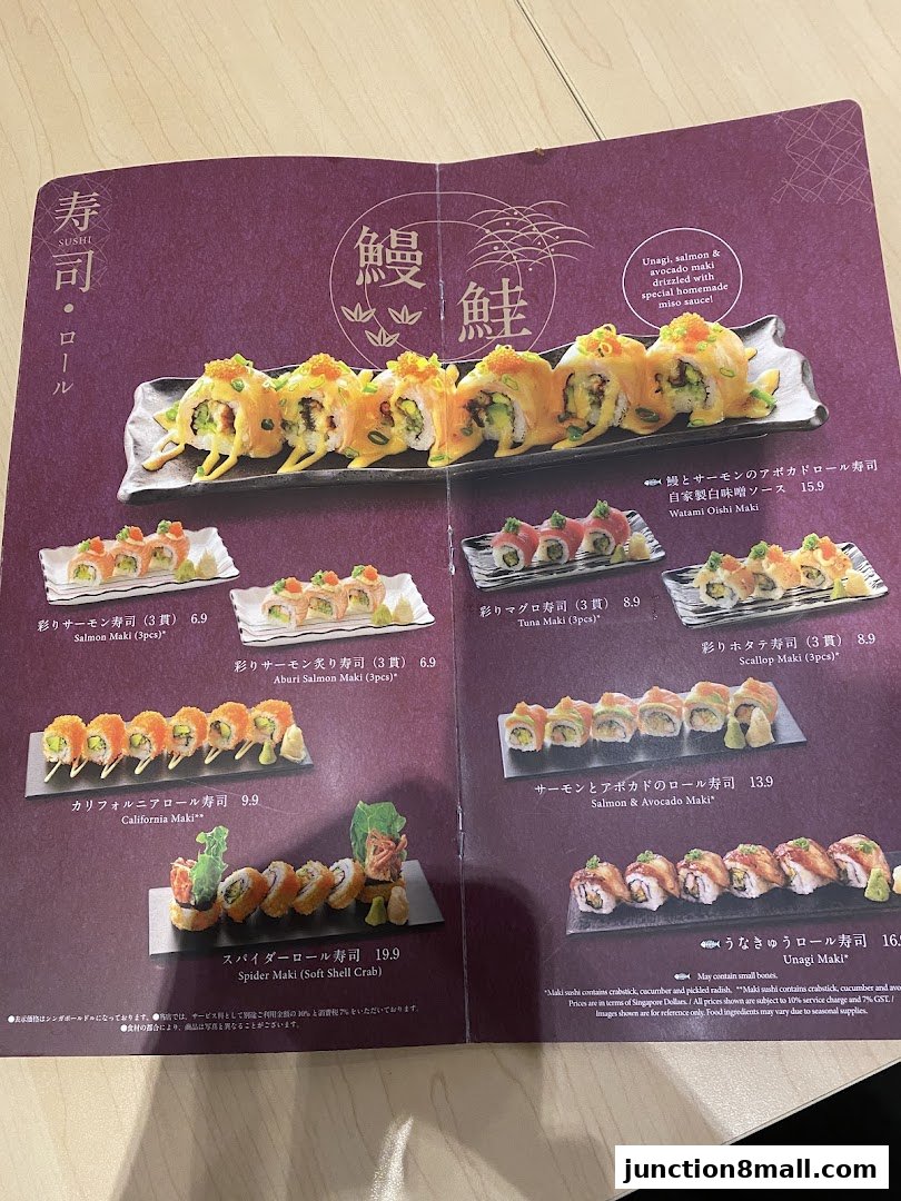A menu page from Watami Japanese Dining featuring various sushi rolls with detailed descriptions and prices.