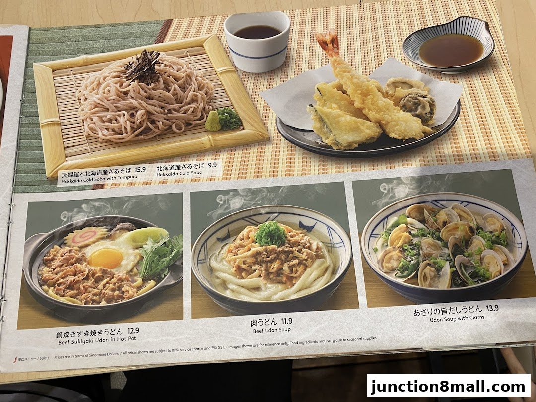 A menu featuring various Japanese dishes including soba, tempura, and udon soups.