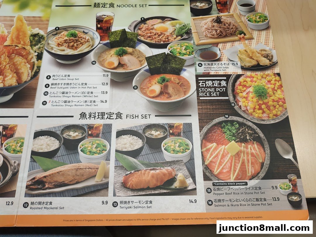 A menu showcasing various Japanese noodle, fish, and stone pot rice sets with prices.