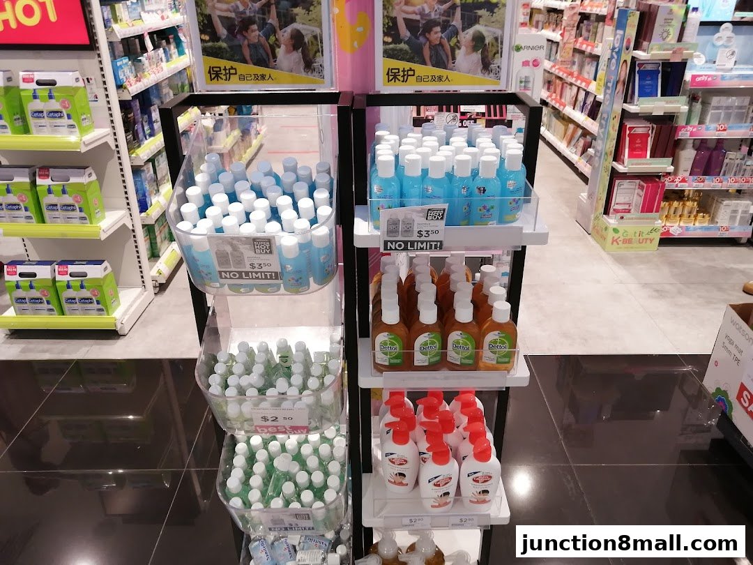 Interior view of a Watsons store showcasing various health and beauty products on shelves and display stands.