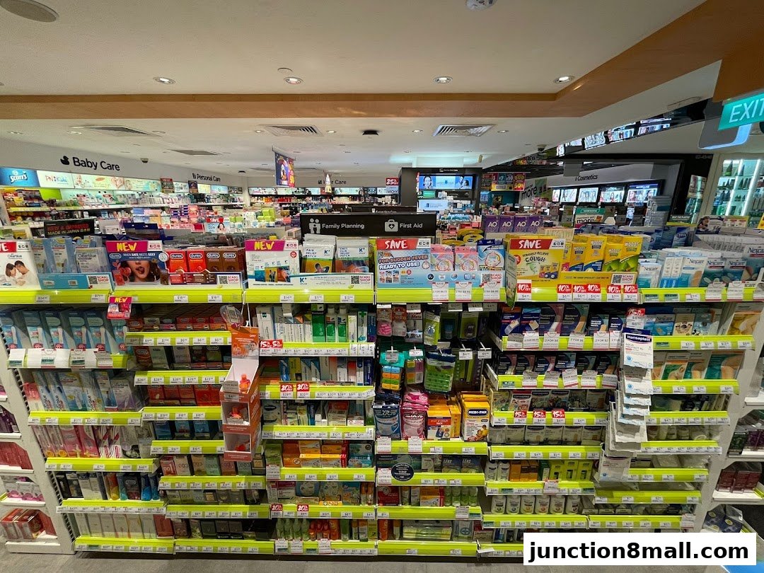 A wide shot of a Watsons pharmacy aisle stocked with various health and personal care products.