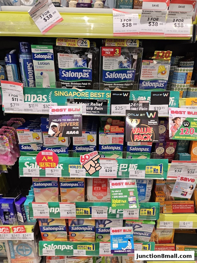 A display of Salonpas pain relief patches and lotions at Watsons.