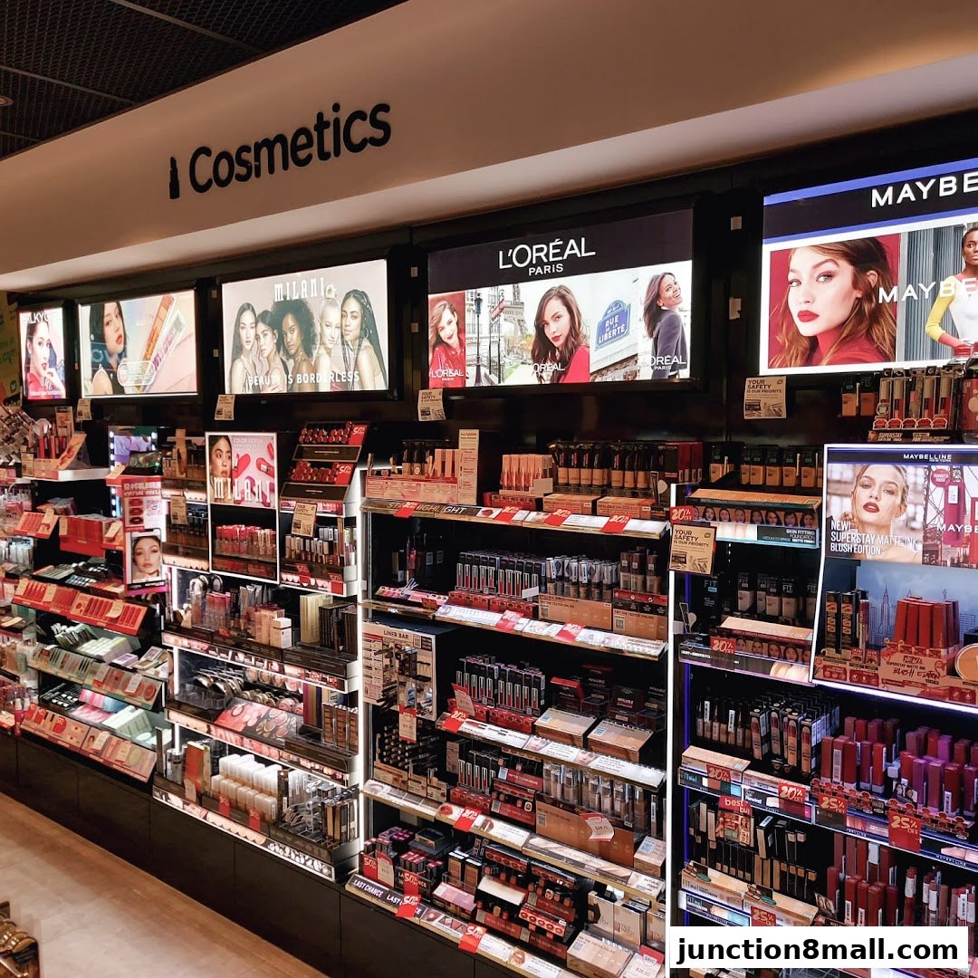 A wide selection of makeup products from brands like L'Oréal and Maybelline is displayed on shelves.