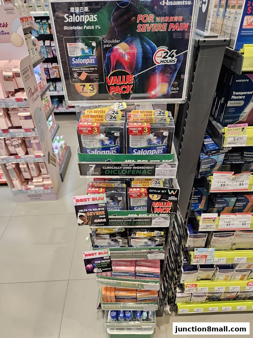A display of Salonpas pain relief patches and other health products at Watsons.