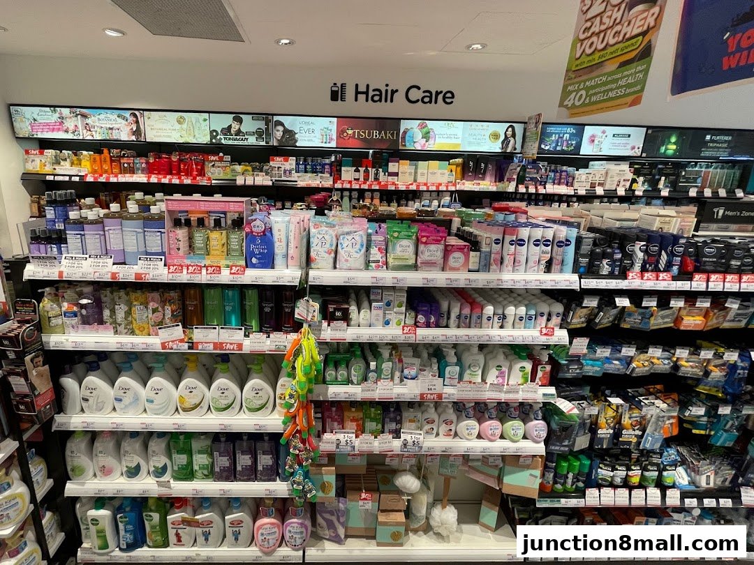 Shelves stocked with a wide variety of hair care, body care, and personal hygiene products.