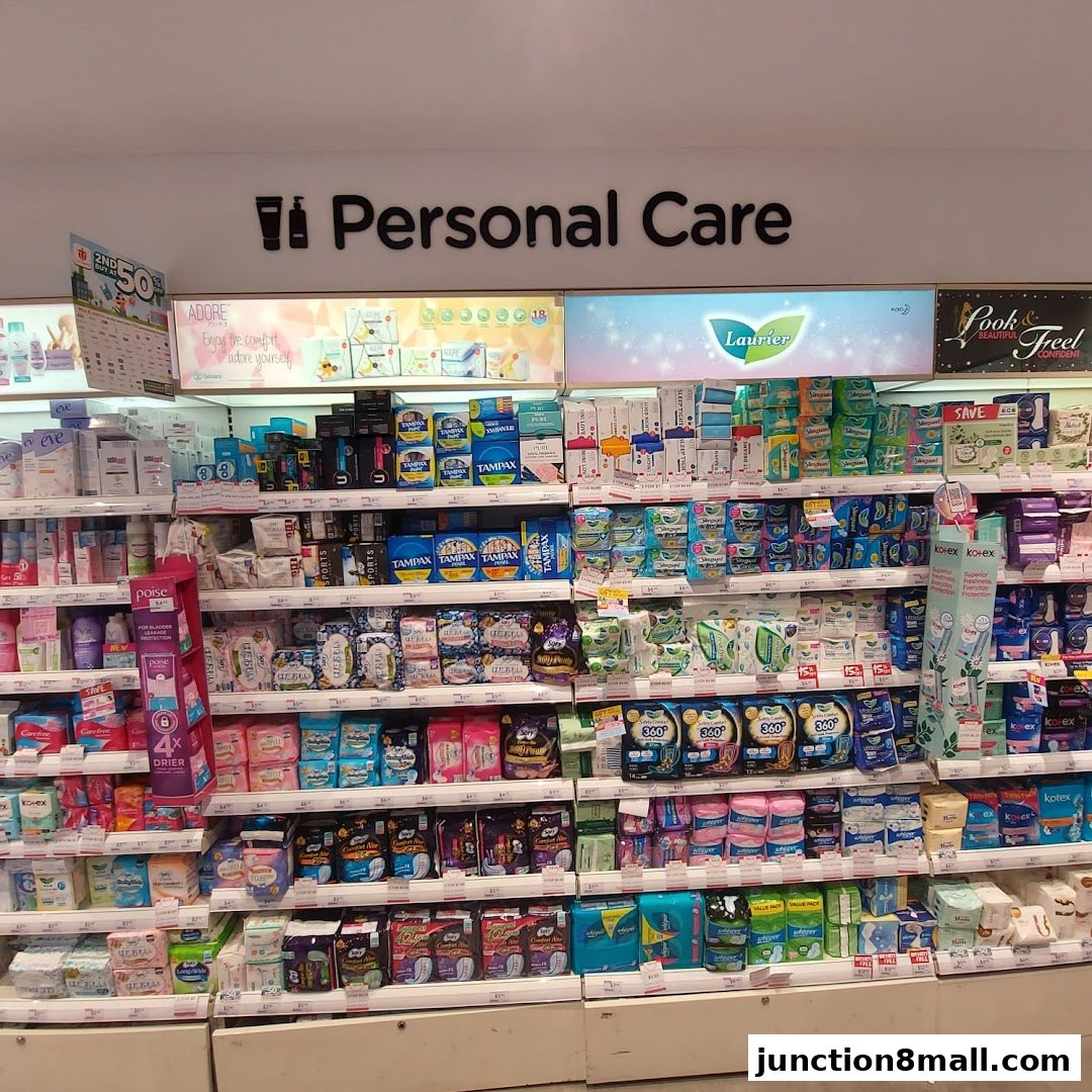 Shelves stocked with personal care products, including sanitary pads and tampons.