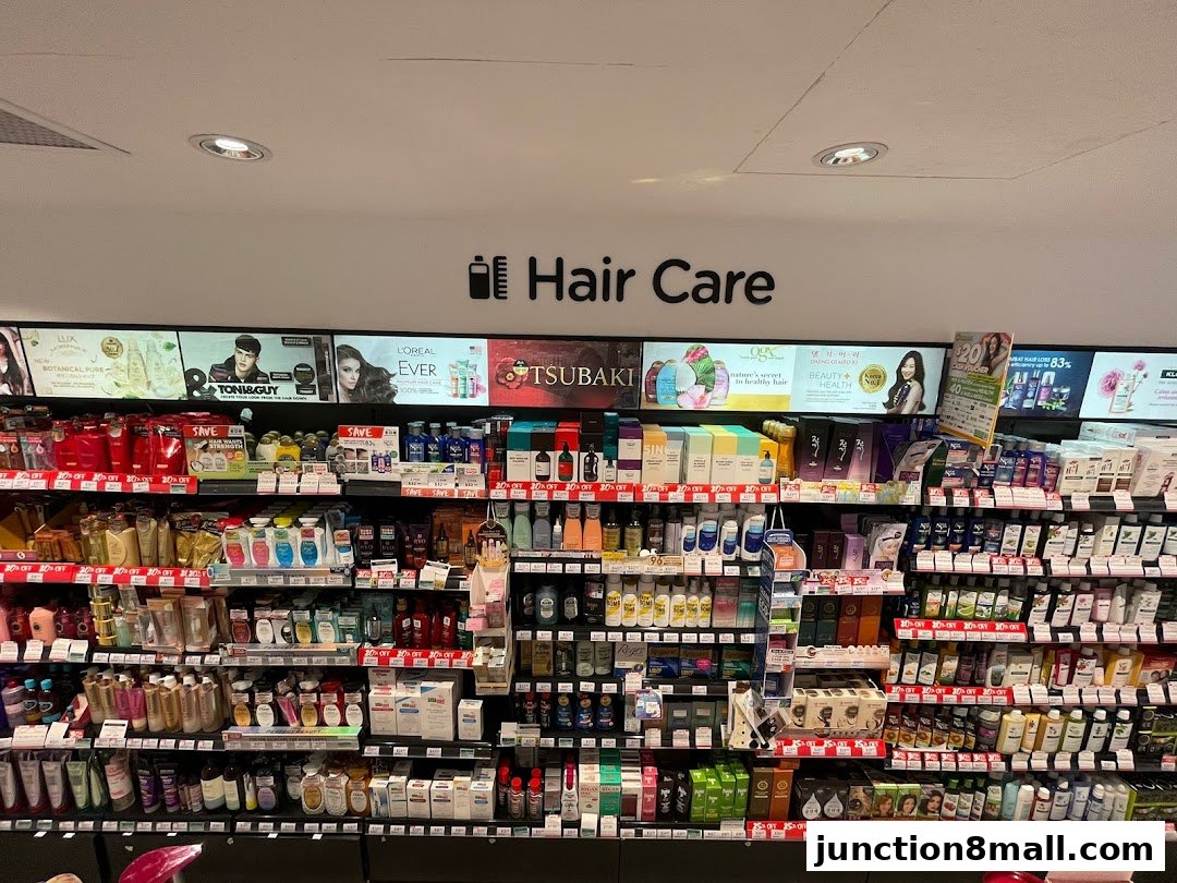 A wide selection of hair care products displayed on shelves in a retail store.