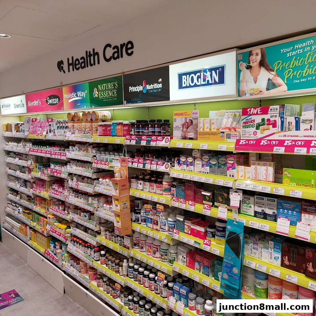 A wide shot of a health and wellness store aisle filled with various vitamins, supplements, and health products.