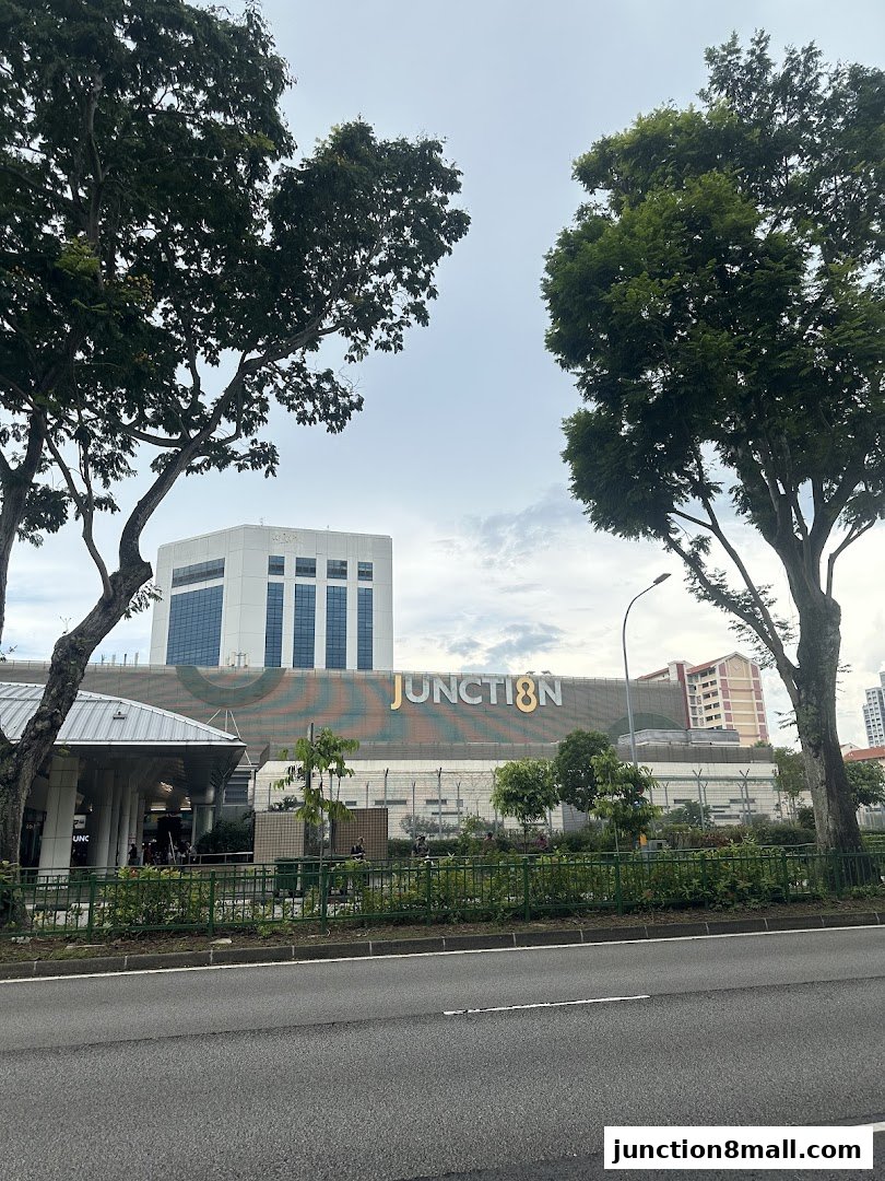 Exterior view of Junction 8 mall with trees in the foreground.