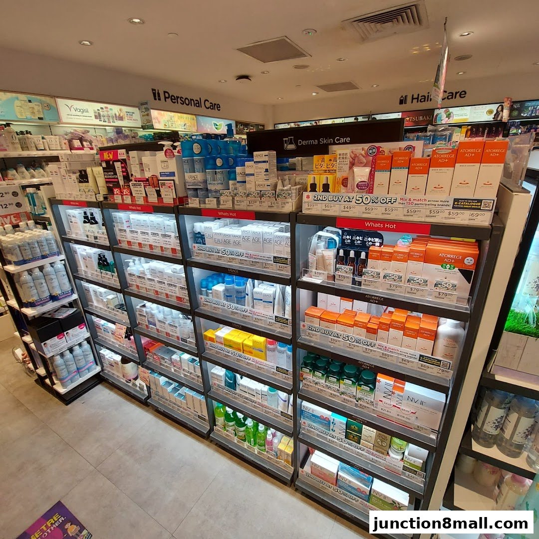 A wide selection of skincare and personal care products displayed on shelves in a Watsons store.