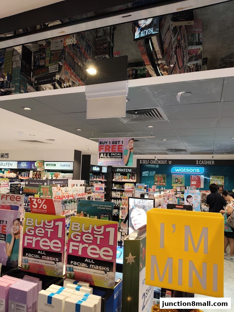 Watsons pharmacy and GNC store interior with promotional displays and shelves stocked with health and beauty products.