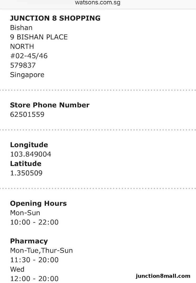 Watsons store information including address, phone number, and opening hours.