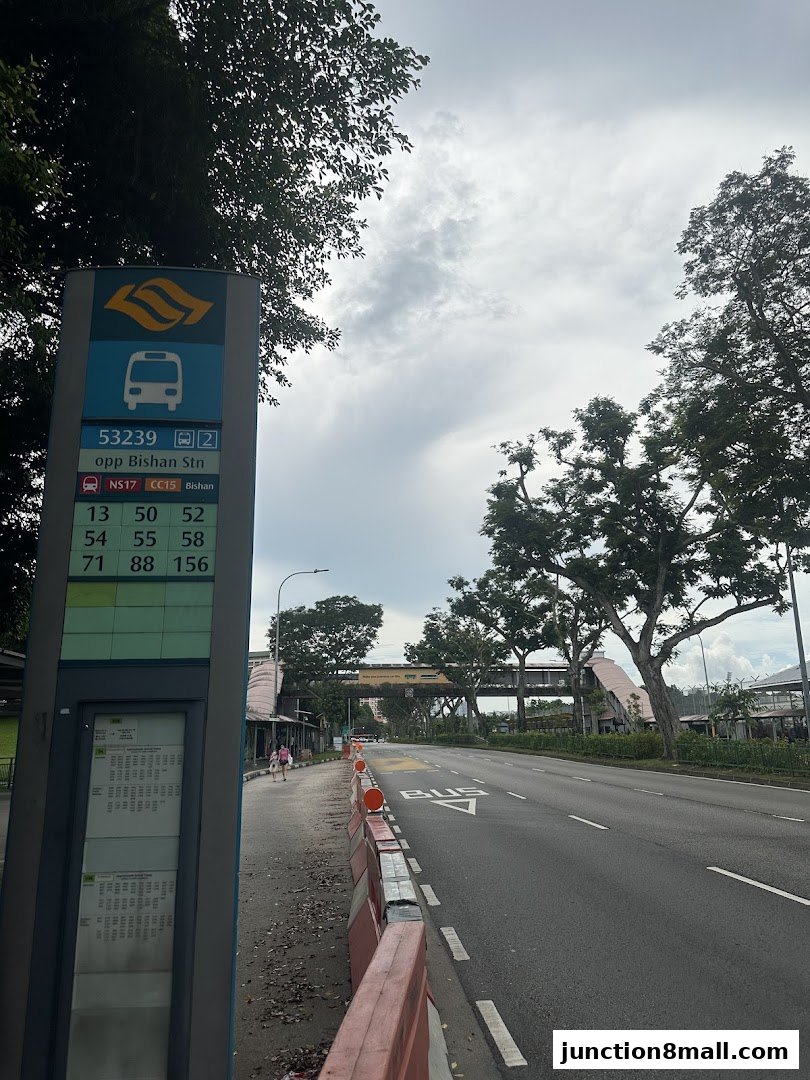 A bus stop sign with route information and a street view.