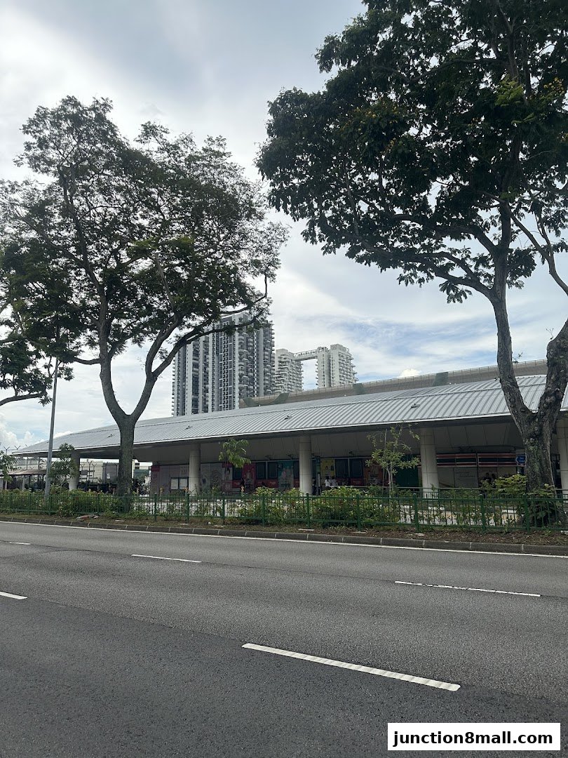 A row of shops with awnings and trees in front, seen from across a road.