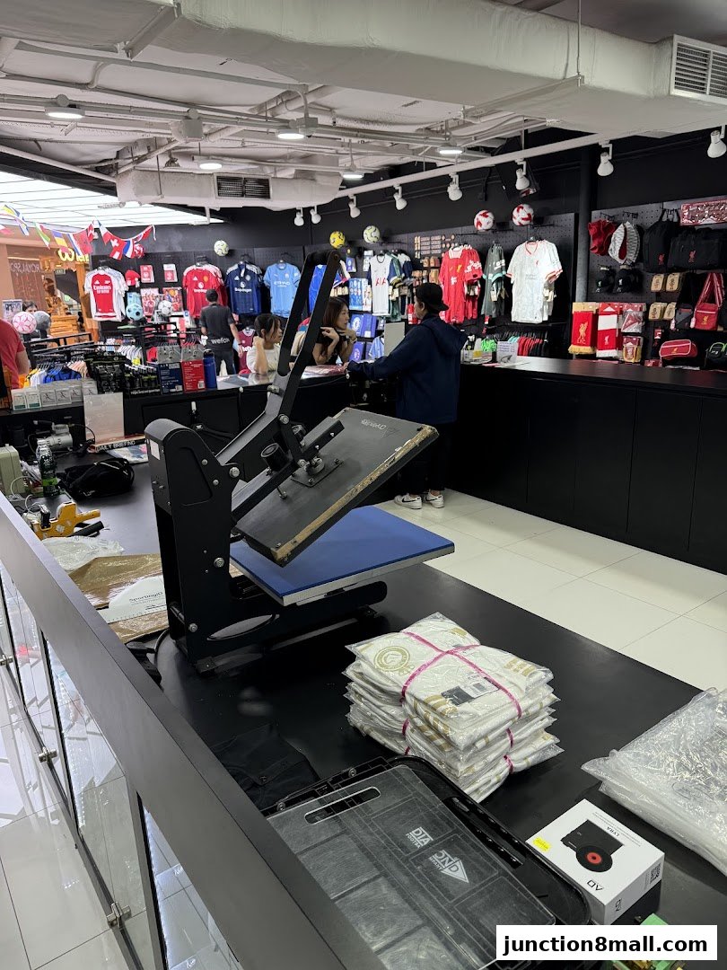 Interior of a sports merchandise shop with jerseys, accessories, and a heat press machine.