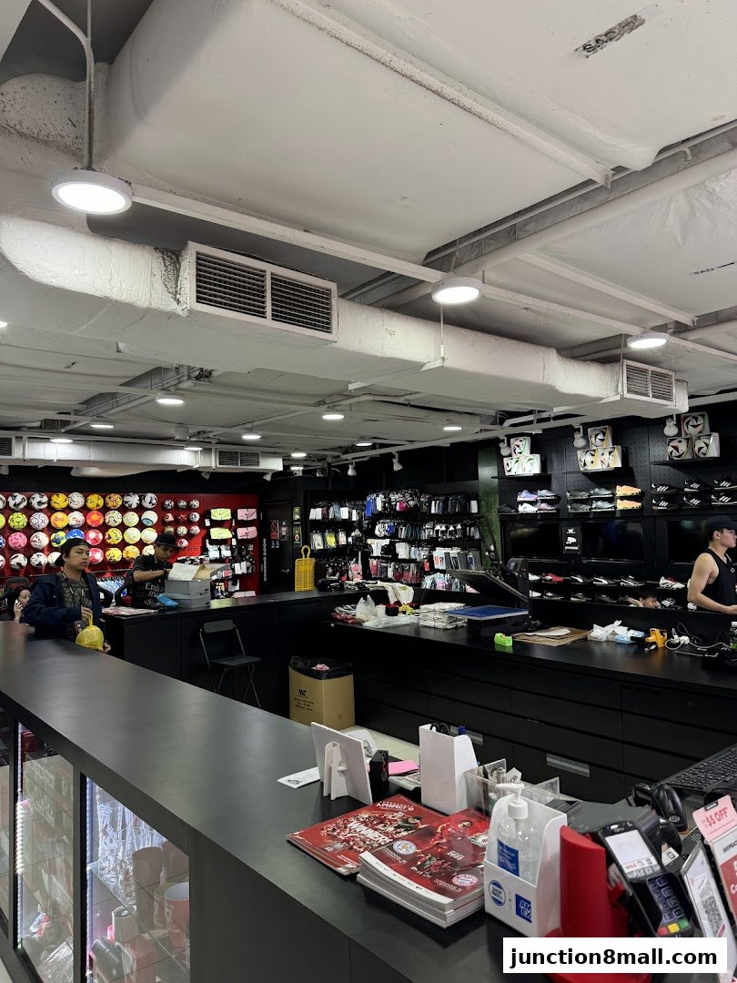 Interior view of a retail store with merchandise displayed on shelves and a counter.
