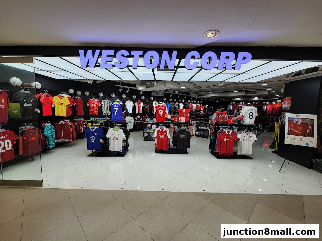 Weston Corp store interior displaying a wide selection of football jerseys and merchandise.
