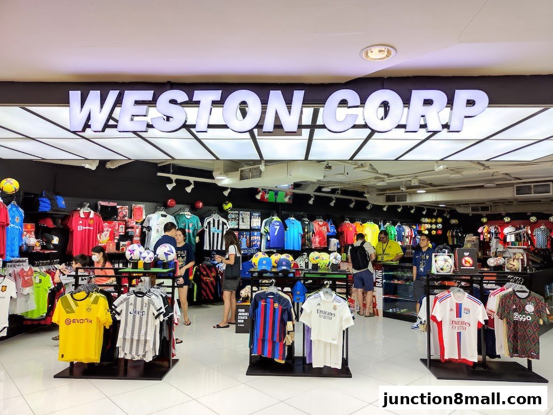 Interior view of Weston Corp, a sports apparel store, showcasing football jerseys and merchandise.