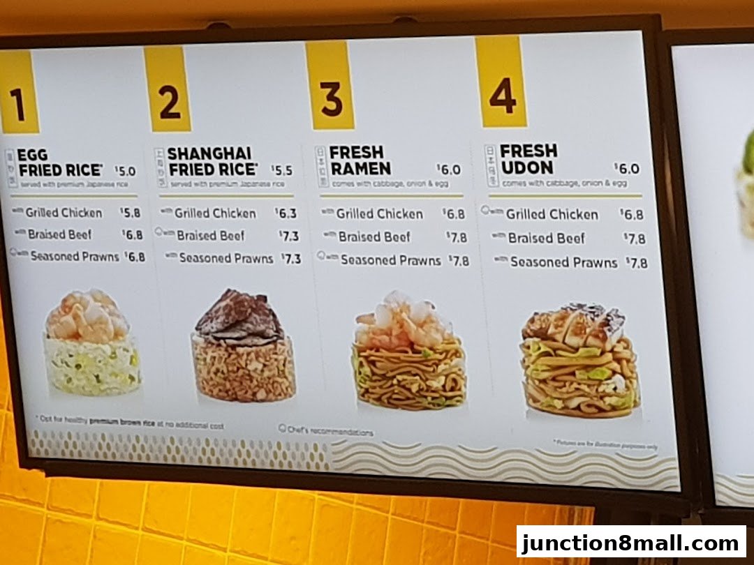 A menu board displaying four different meal options with prices and ingredients.