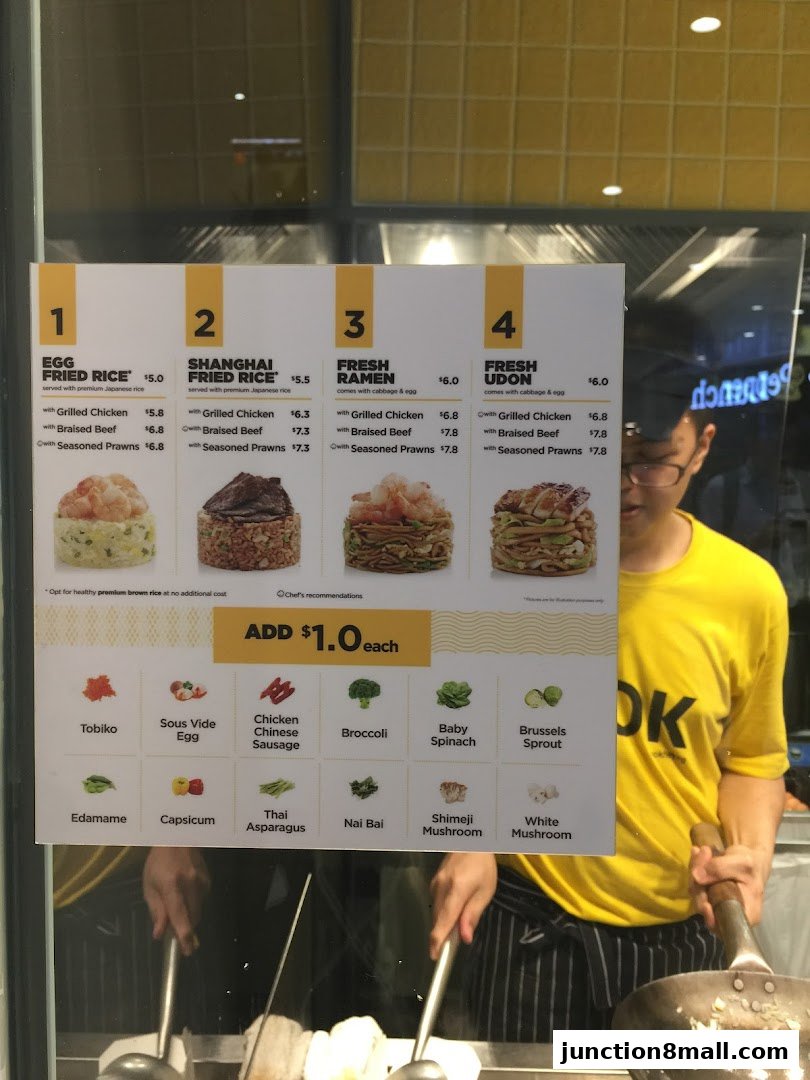 A menu board for Wok Hey featuring various rice, ramen, and udon dishes with customization options.