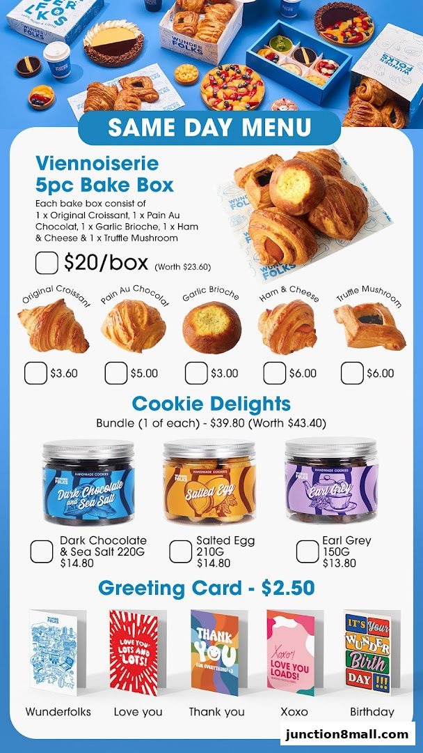 A menu showcasing Viennoiserie bake boxes, cookies, and greeting cards from Wunderfolks.