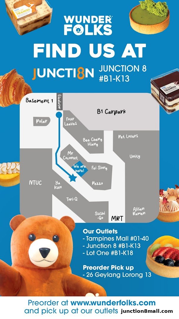 A map showing how to find Wunderfolks at Junction 8, with images of tarts and a teddy bear.