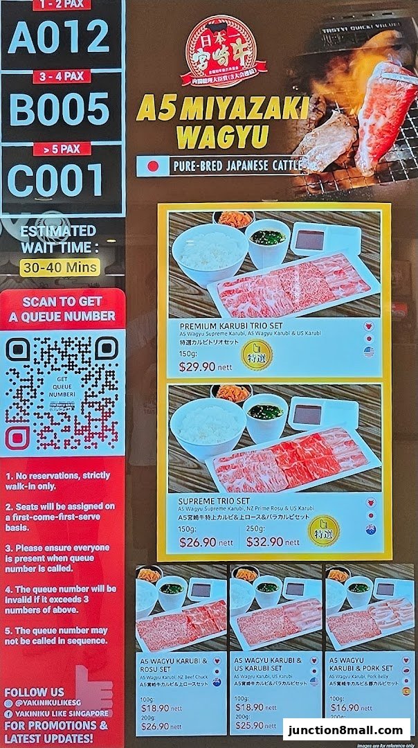 A menu board displaying various A5 Miyazaki Wagyu sets with prices and descriptions.