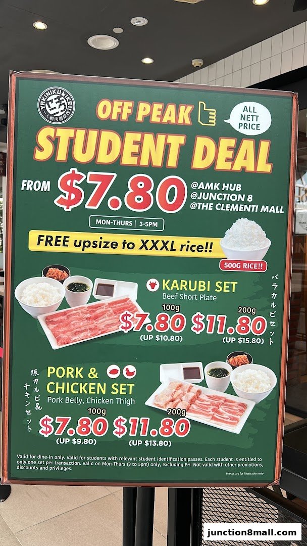 A promotional sign for Yakiniku Like's Off Peak Student Deal with two set meals.