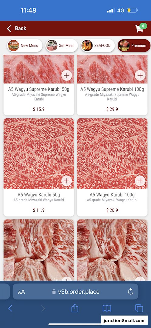 A mobile screen displaying various cuts of A5 Wagyu beef with prices.