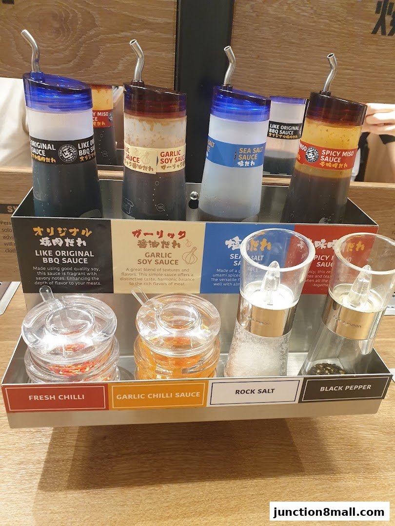 A selection of sauces and condiments offered at Yakiniku Like Junction 8.