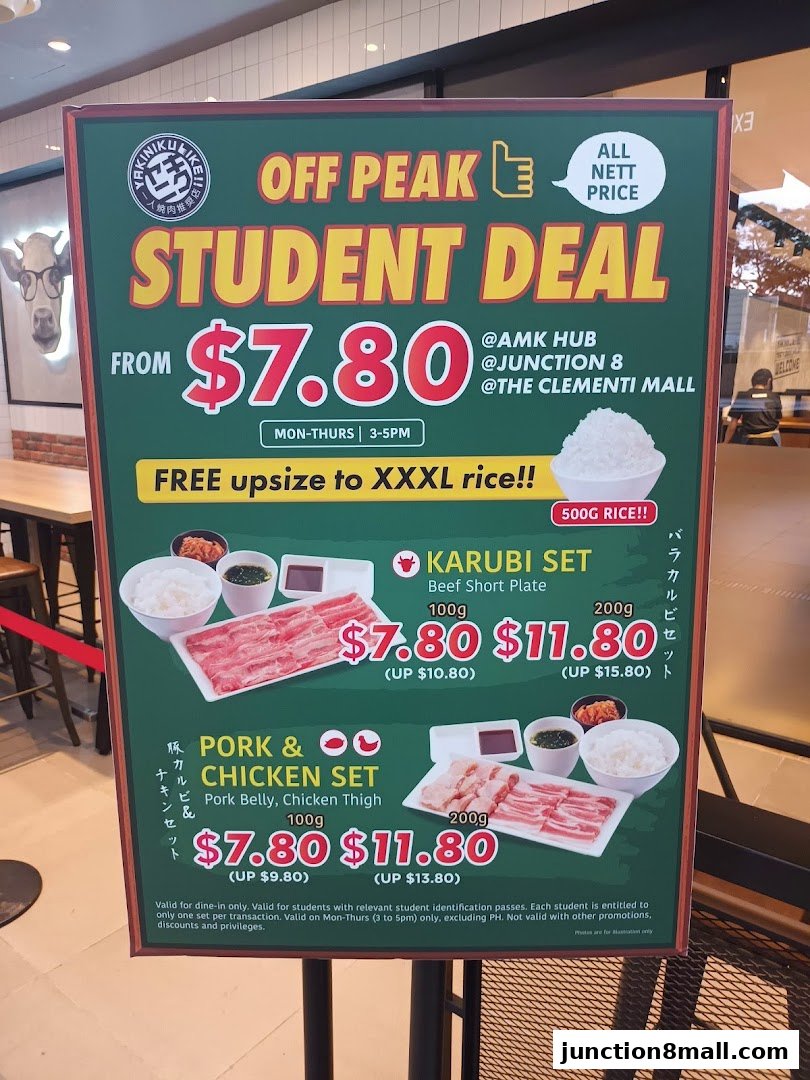 A promotional poster for Yakiniku Like Junction 8's student deal, featuring meat sets and rice.