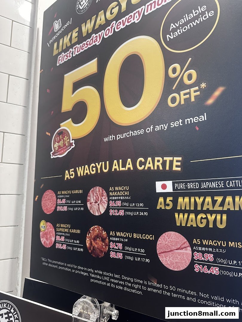 A promotional poster for Yakiniku Like featuring 50% off A5 Wagyu Ala Carte menu items.