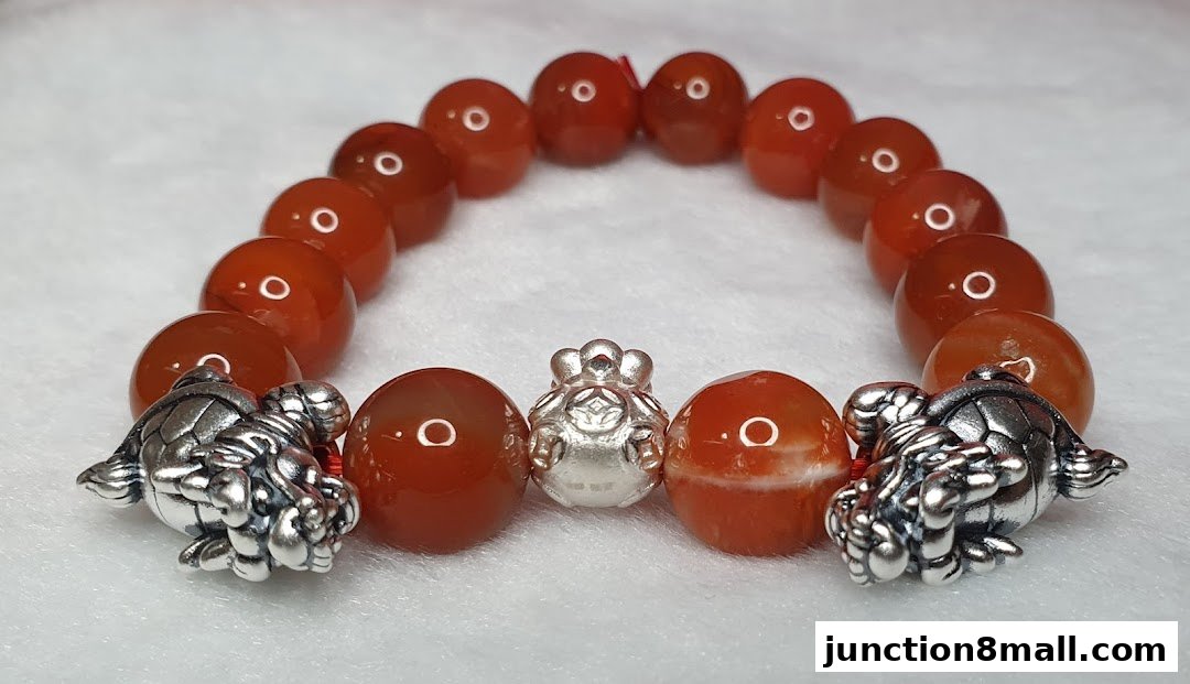 A close-up of a bracelet with carnelian beads, silver turtles, and a money bag charm.