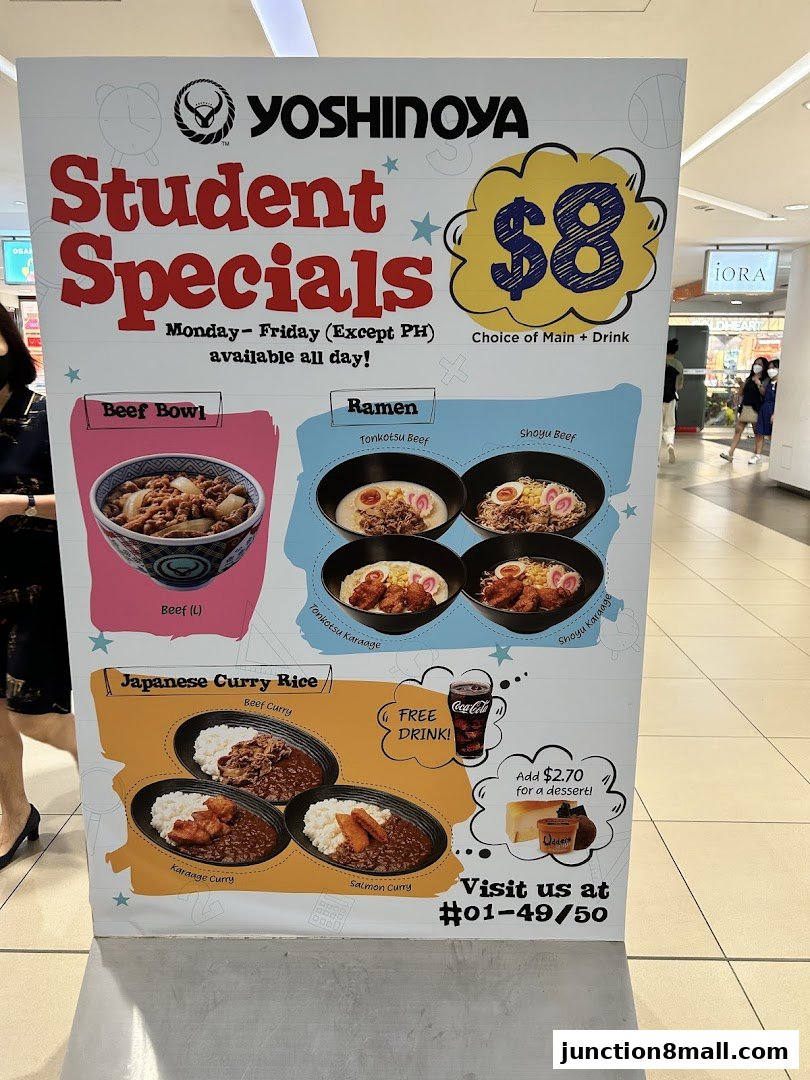 Yoshinoya advertises student specials with beef bowls, ramen, and curry rice.