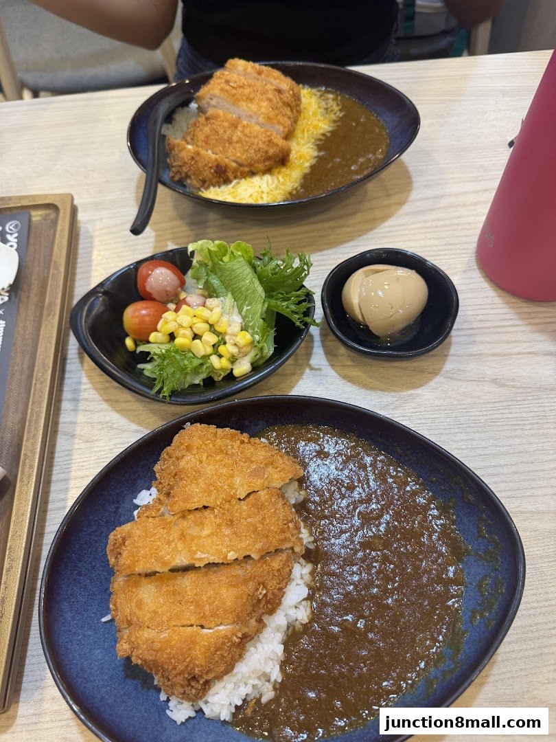 Two bowls of Japanese curry with katsu, rice, and a side salad and egg.